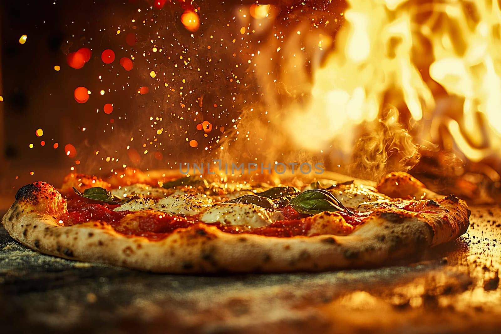 A margherita pizza with basil is freshly baked. Tradition Italian cuisine.