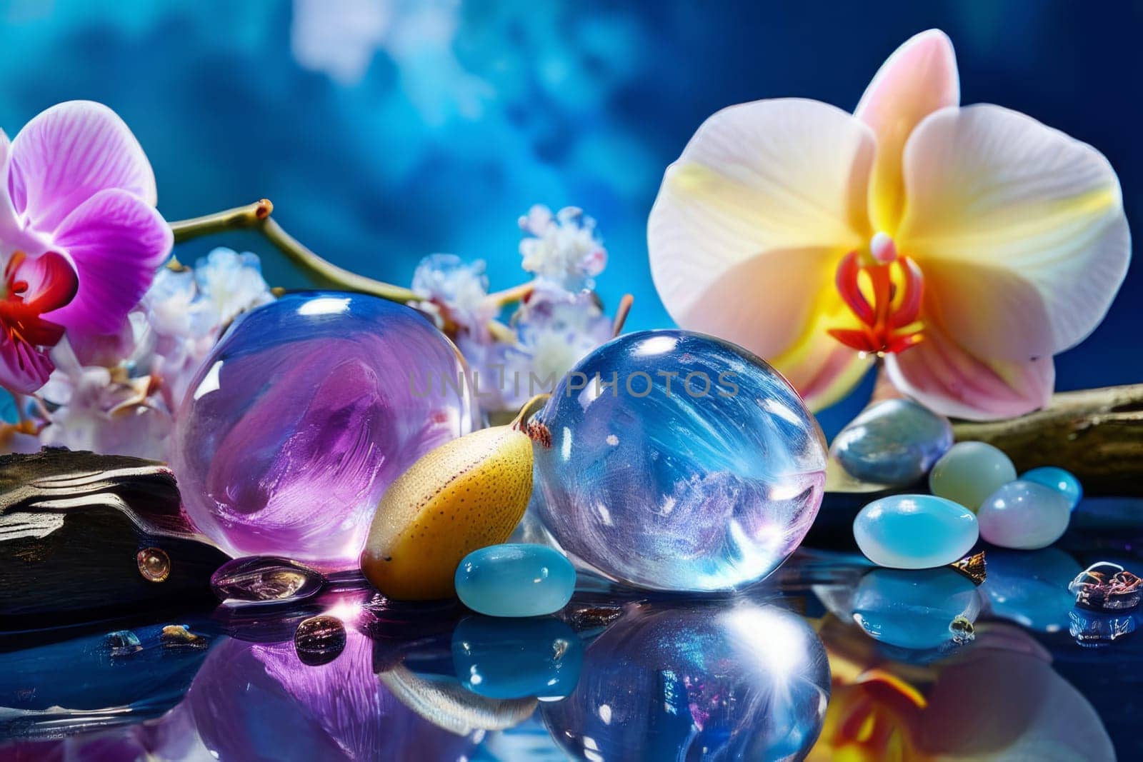 Purple orchid, ice-filled glass, lemon, and vibrant spheres. Fresh and modern, perfect for wellness, beverage, or floral themes. Bright and visually appealing