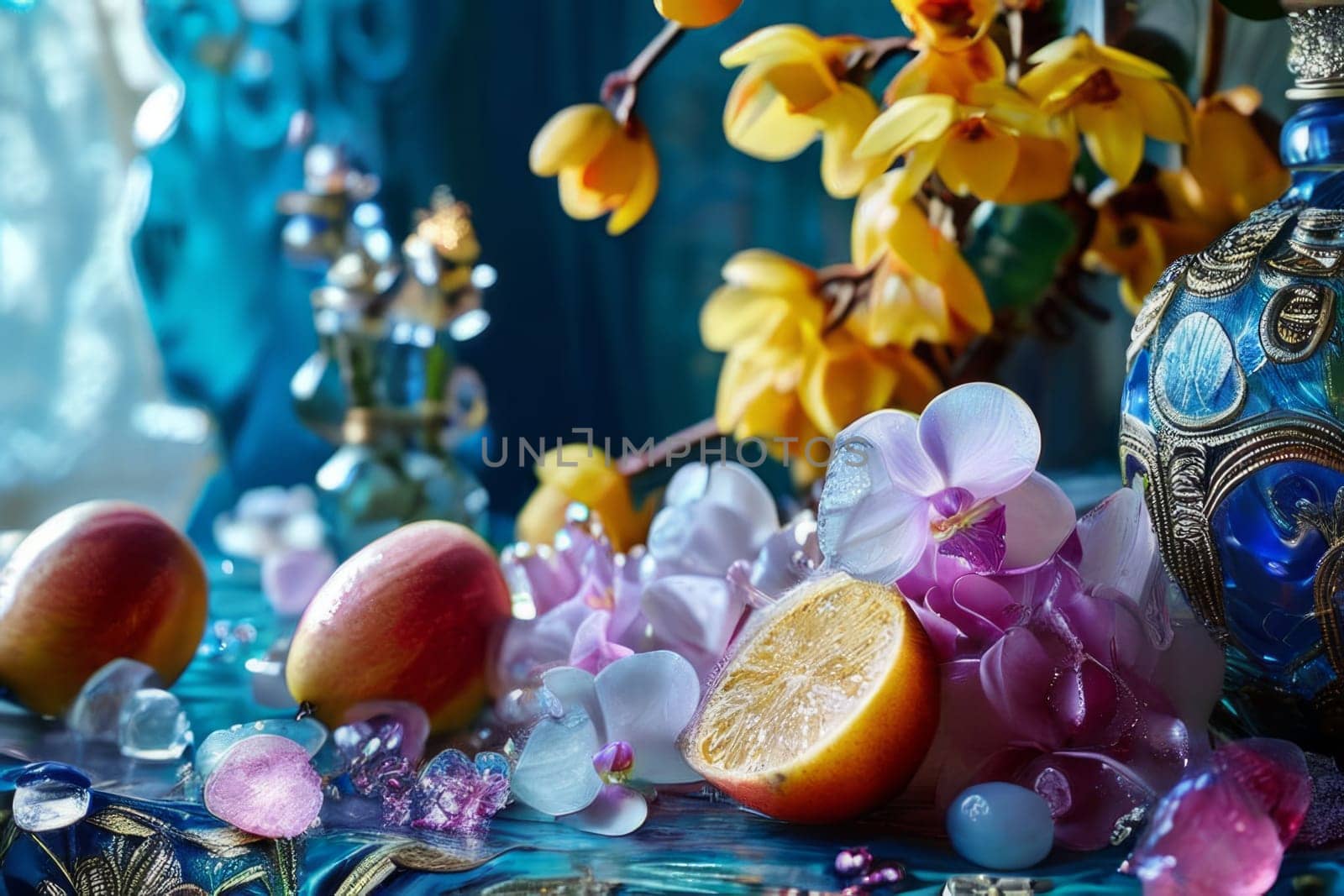 Purple orchid, ice-filled glass, lemon, and vibrant spheres. Fresh and modern, perfect for wellness, beverage, or floral themes. Bright and visually appealing