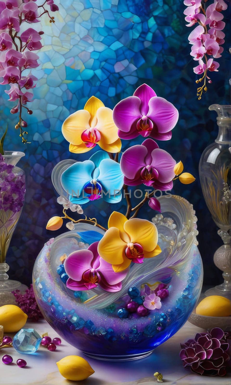 Beautiful purple orchid with ice-filled glass, lemon, and colorful spheres. Modern and fresh design ideal for vibrant, eye-catching promotions