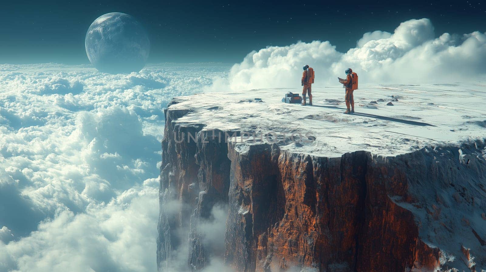 Two astronauts in orange suits stand on a snowy cliff above clouds, with a large distant planet visible in the sky.