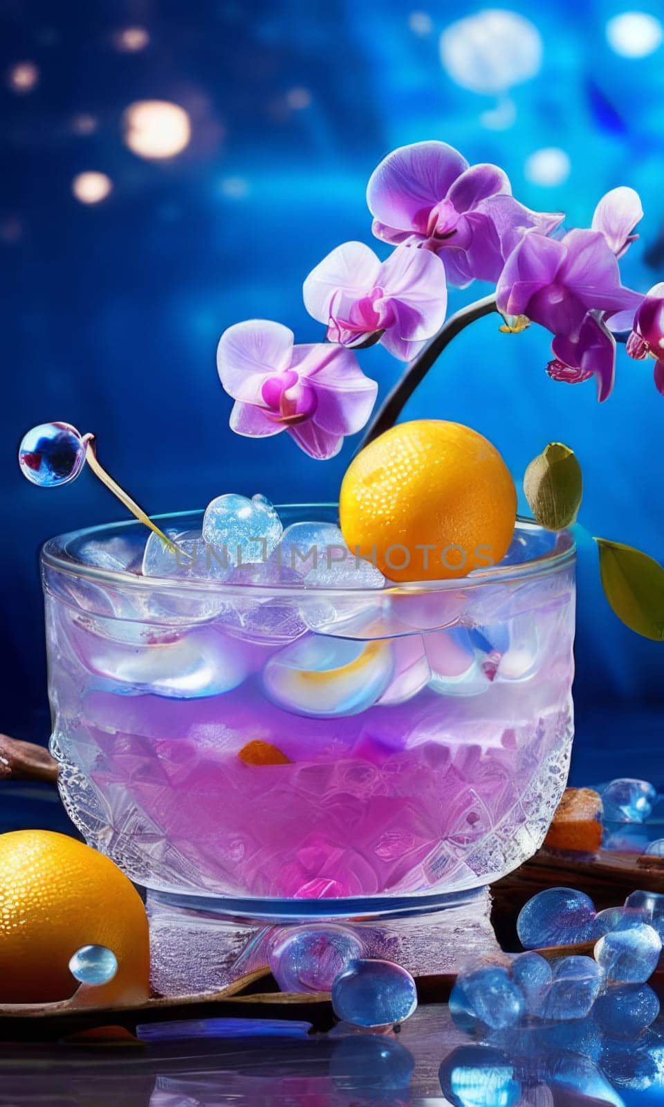 Beautiful purple orchid with ice-filled glass, lemon, and colorful spheres. Modern and fresh design ideal for vibrant, eye-catching promotions