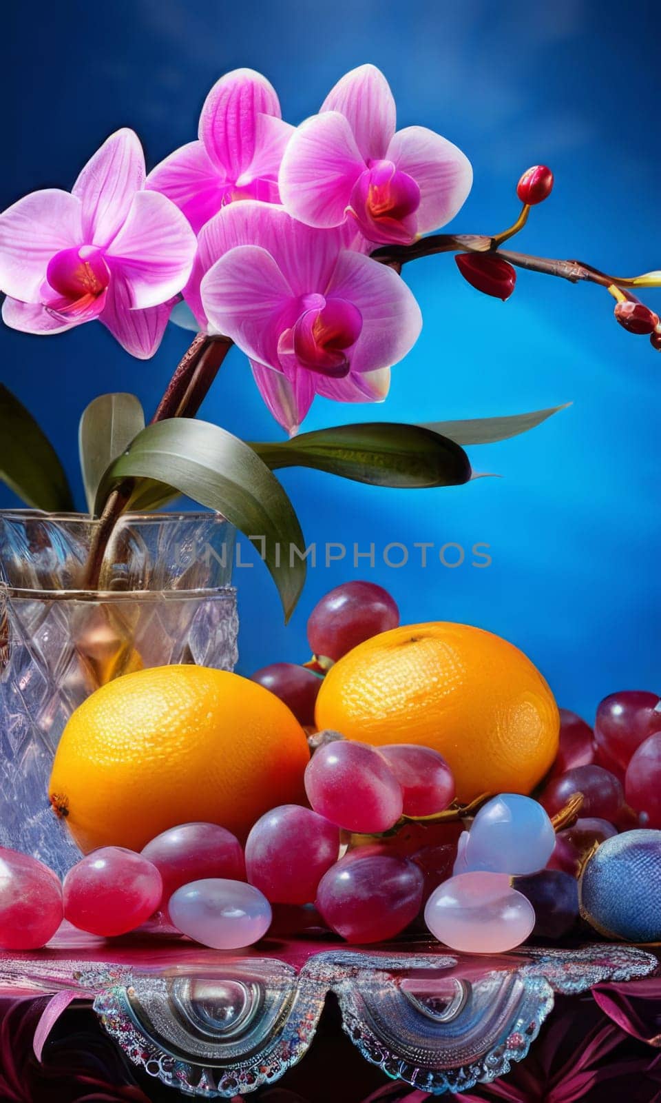 Beautiful purple orchid with ice-filled glass, lemon, and colorful spheres. Modern and fresh design ideal for vibrant, eye-catching promotions