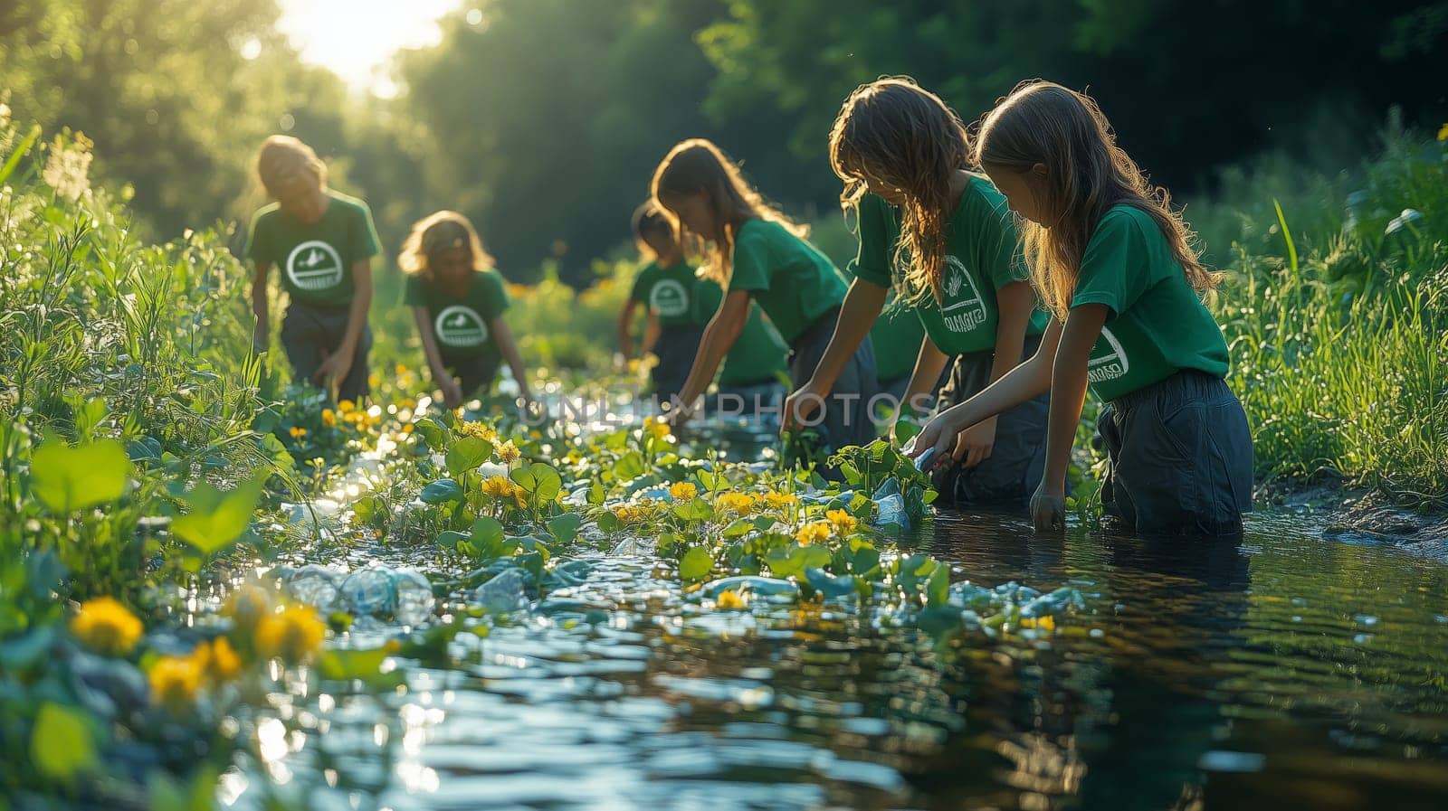 A group of young volunteers in green shirts cleaning a riverbank, surrounded by yellow wildflowers and lush greenery at sunrise.