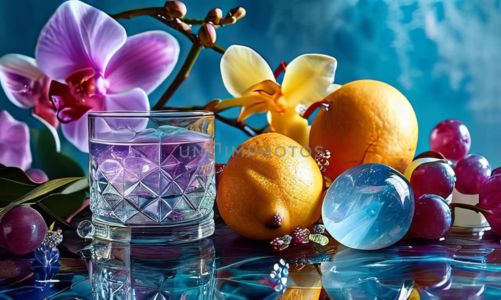 Purple orchid with crystal glass, ice, lemon, and vibrant spheres. Perfect for fresh, colorful compositions in beverage, wellness, or floral contexts
