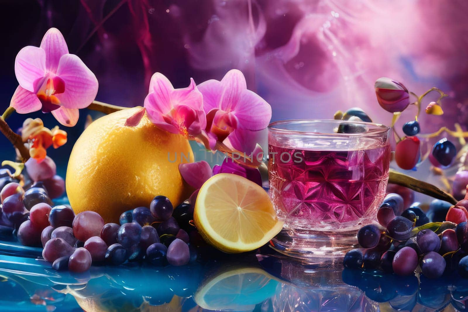 Purple orchid with crystal glass, ice, lemon, and vibrant spheres. Perfect for fresh, colorful compositions in beverage, wellness, or floral contexts