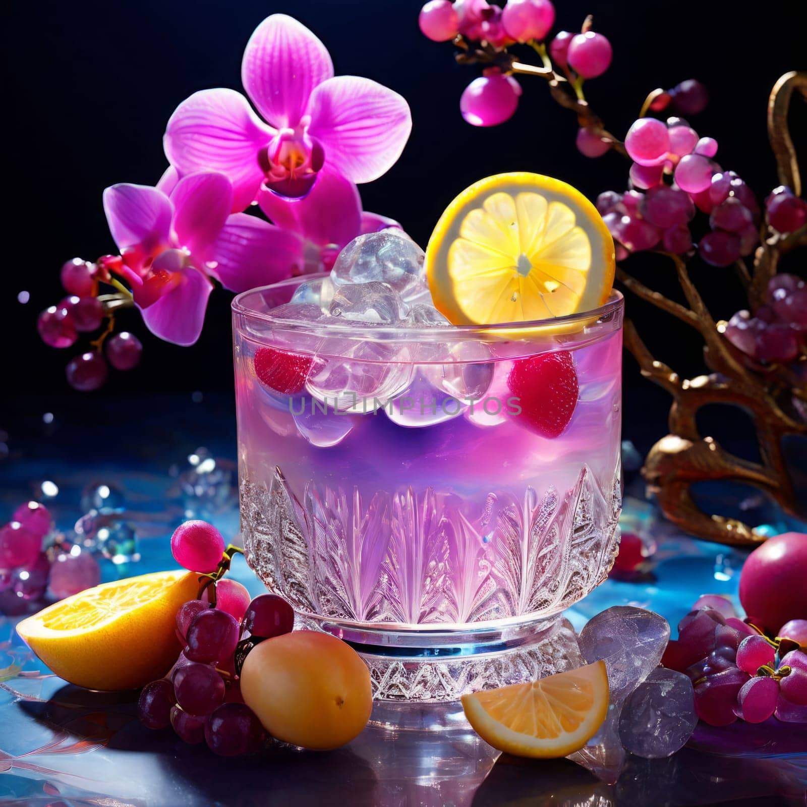 Elegant purple orchid, ice-filled glass, lemon, and colorful spheres. Bright, modern aesthetic ideal for floral, wellness, or beverage themes