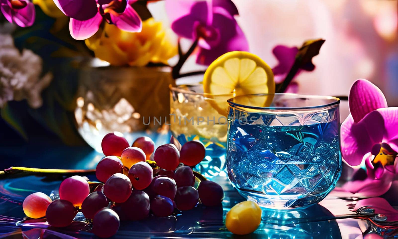 Elegant purple orchid, ice-filled glass, lemon, and colorful spheres. Bright, modern aesthetic ideal for floral, wellness, or beverage themes