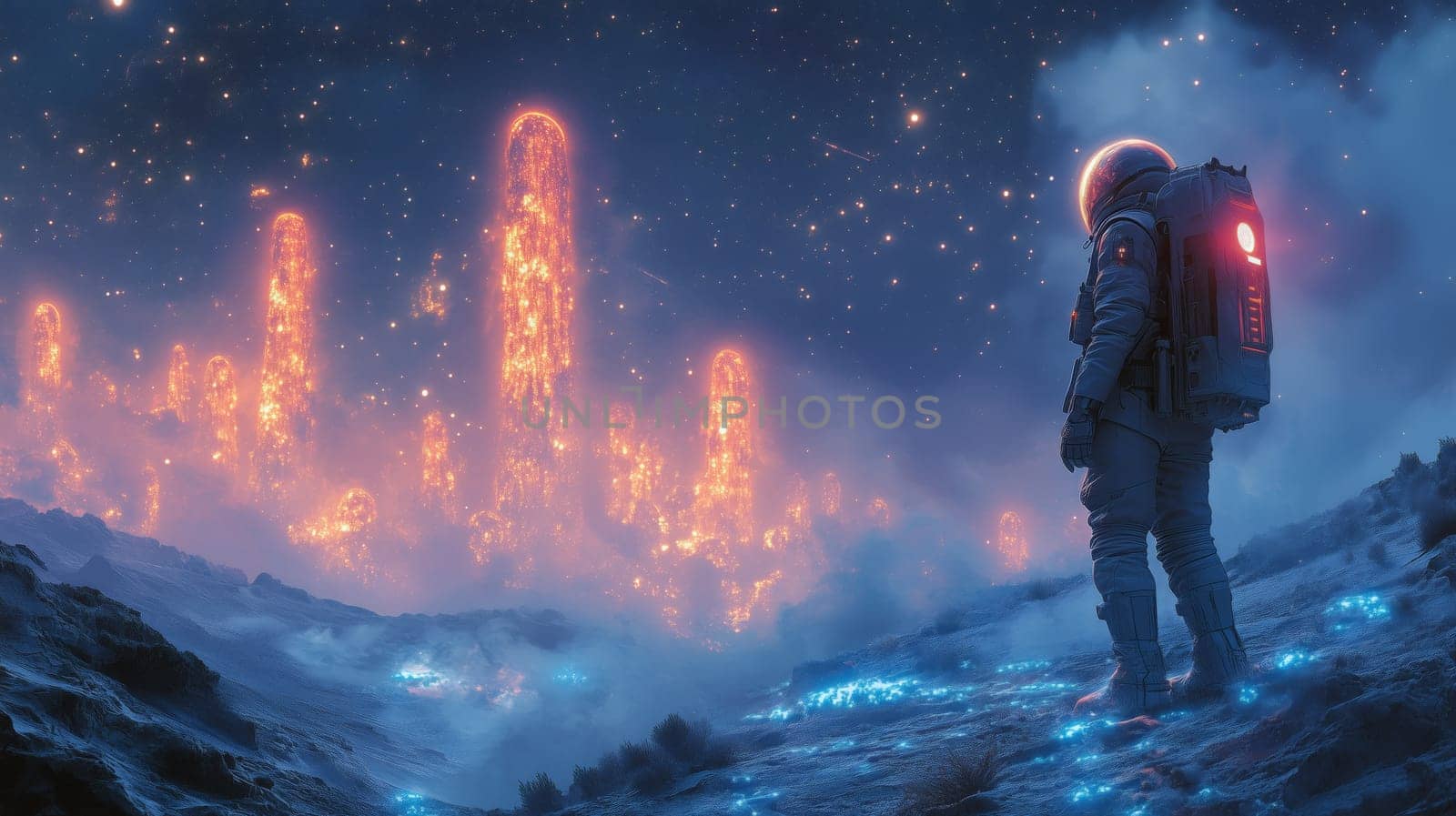 Futuristic astronaut stands on an alien terrain, admiring mysterious glowing towers amidst a star-filled cosmic sky.
