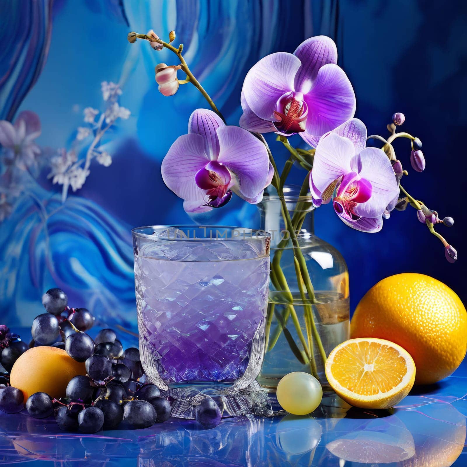 Elegant purple orchid, ice-filled glass, lemon, and colorful spheres. Bright, modern aesthetic ideal for floral, wellness, or beverage themes