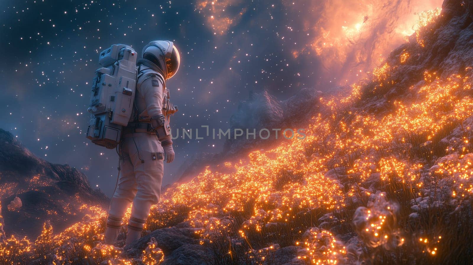 Futuristic astronaut explores an alien landscape with vibrant glowing flora, beneath a starry sky illuminated by fiery cosmic light.