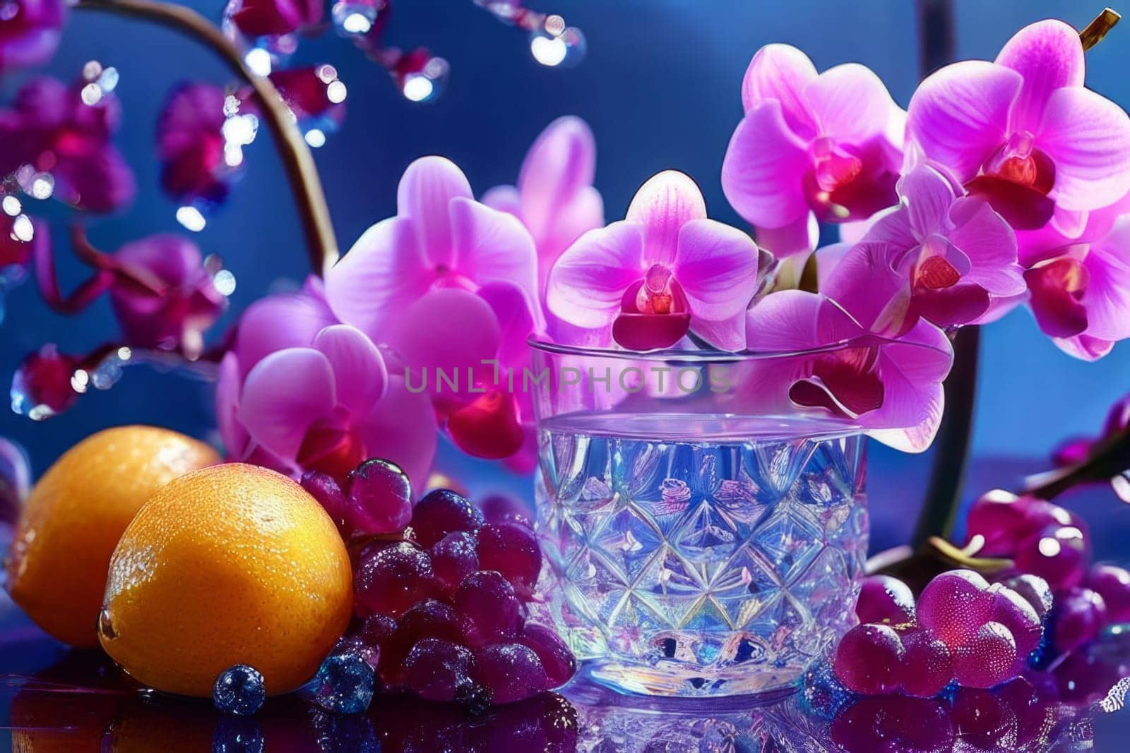 Purple orchid beside ice-filled glass, lemon, and vibrant spheres. Fresh and visually appealing, perfect for wellness, floral, or culinary designs