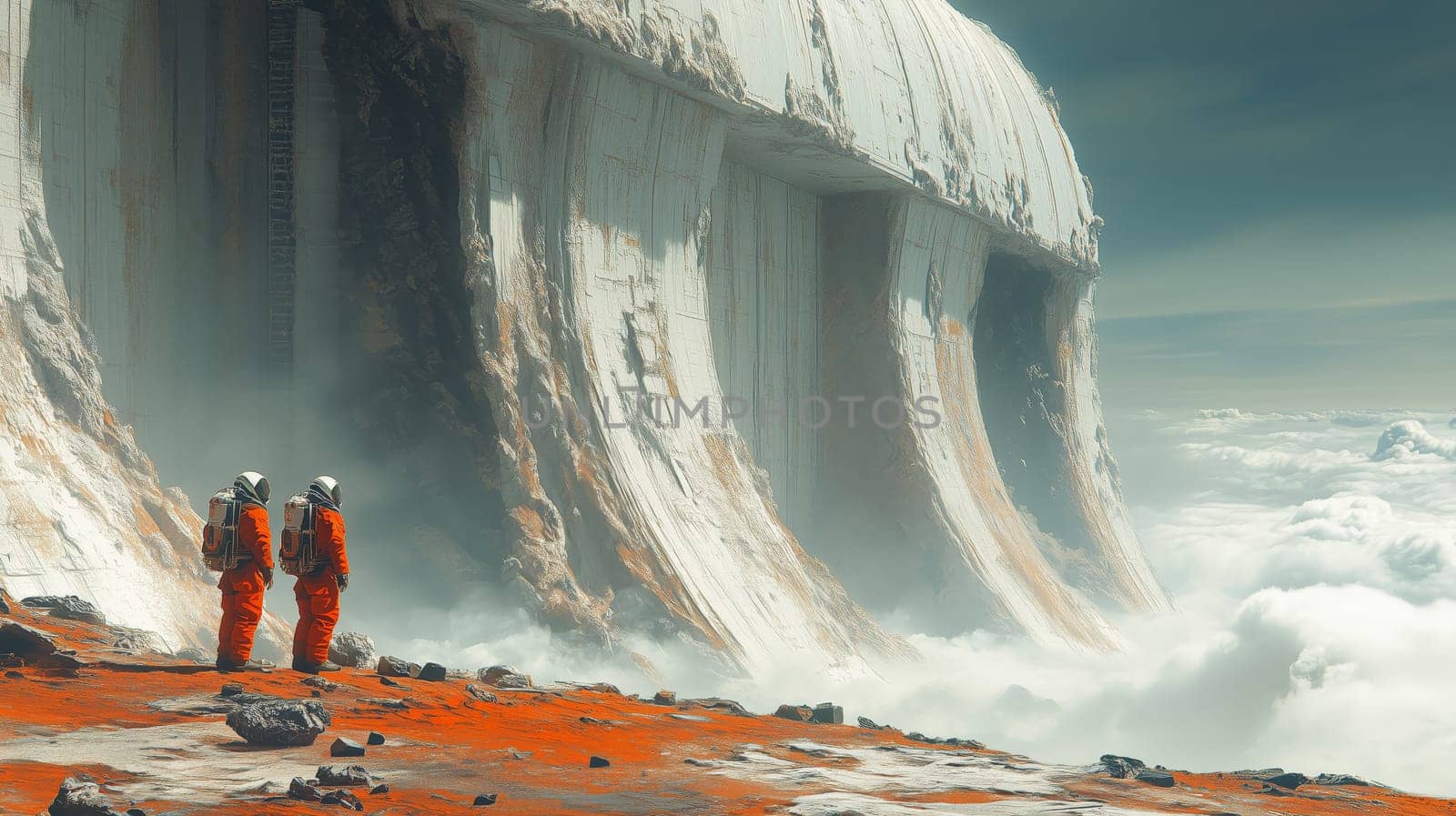 Two astronauts in orange suits stand near a colossal alien structure surrounded by mist and clouds, exploring an otherworldly environment.