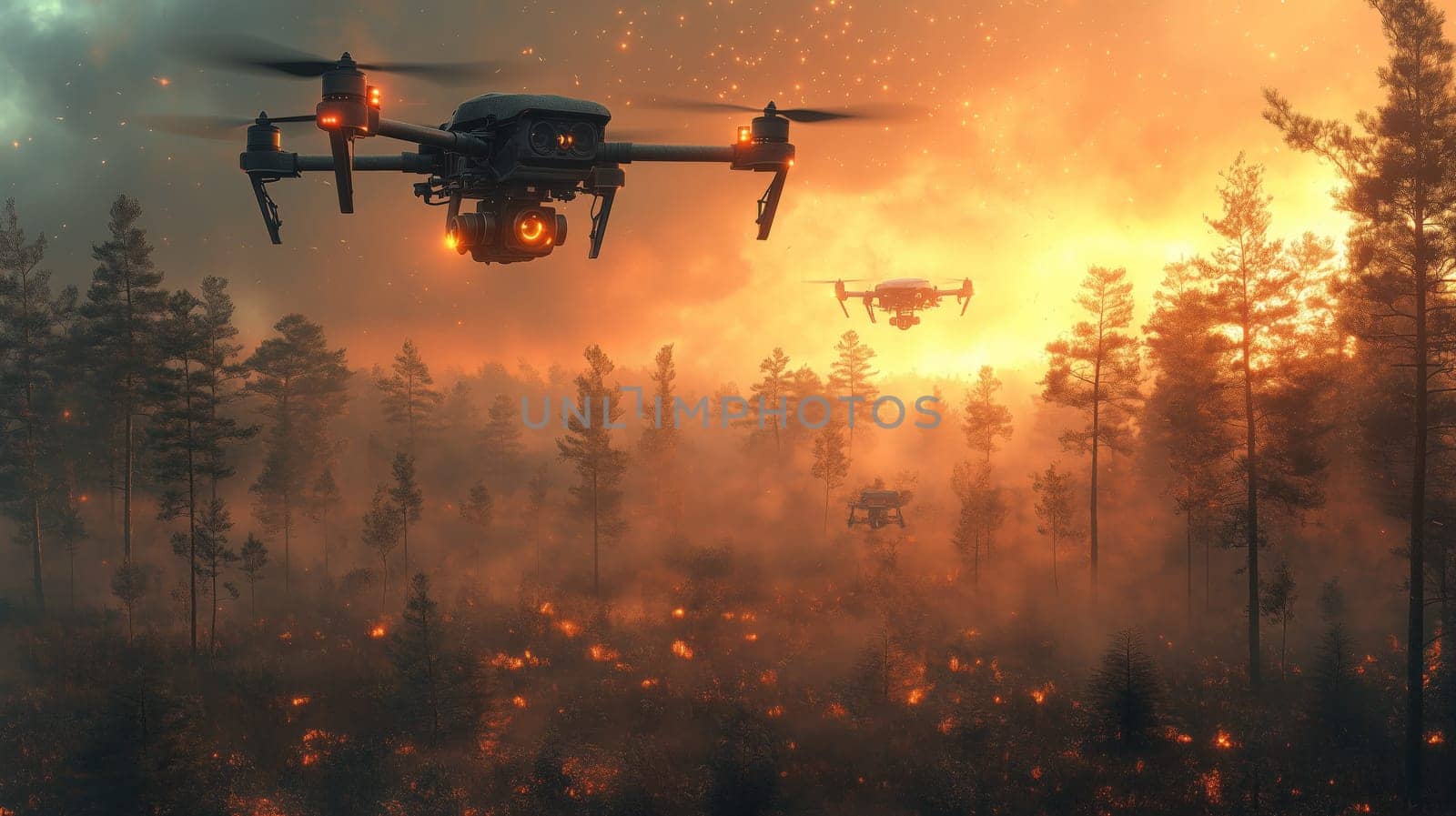 Advanced drones operate over a burning forest during a fiery sunset, surrounded by glowing embers and dense smoke.