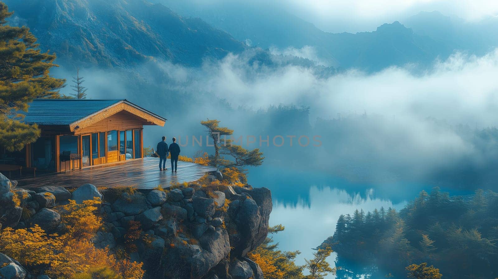 Two people standing on a wooden terrace beside a modern cabin, overlooking a foggy mountain landscape with autumn foliage and a calm lake.
