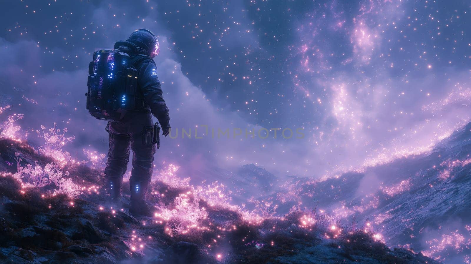 Futuristic astronaut in a high-tech suit exploring an alien terrain with luminous pink flora under a vast and star-filled night sky.