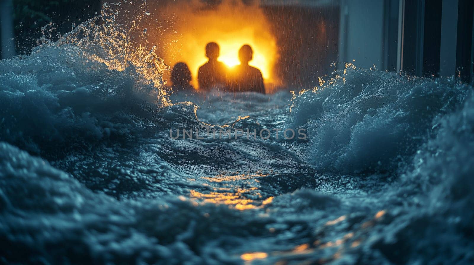 Dramatic scene of silhouettes illuminated by fire in the distance, surrounded by crashing floodwaters during a chaotic storm.