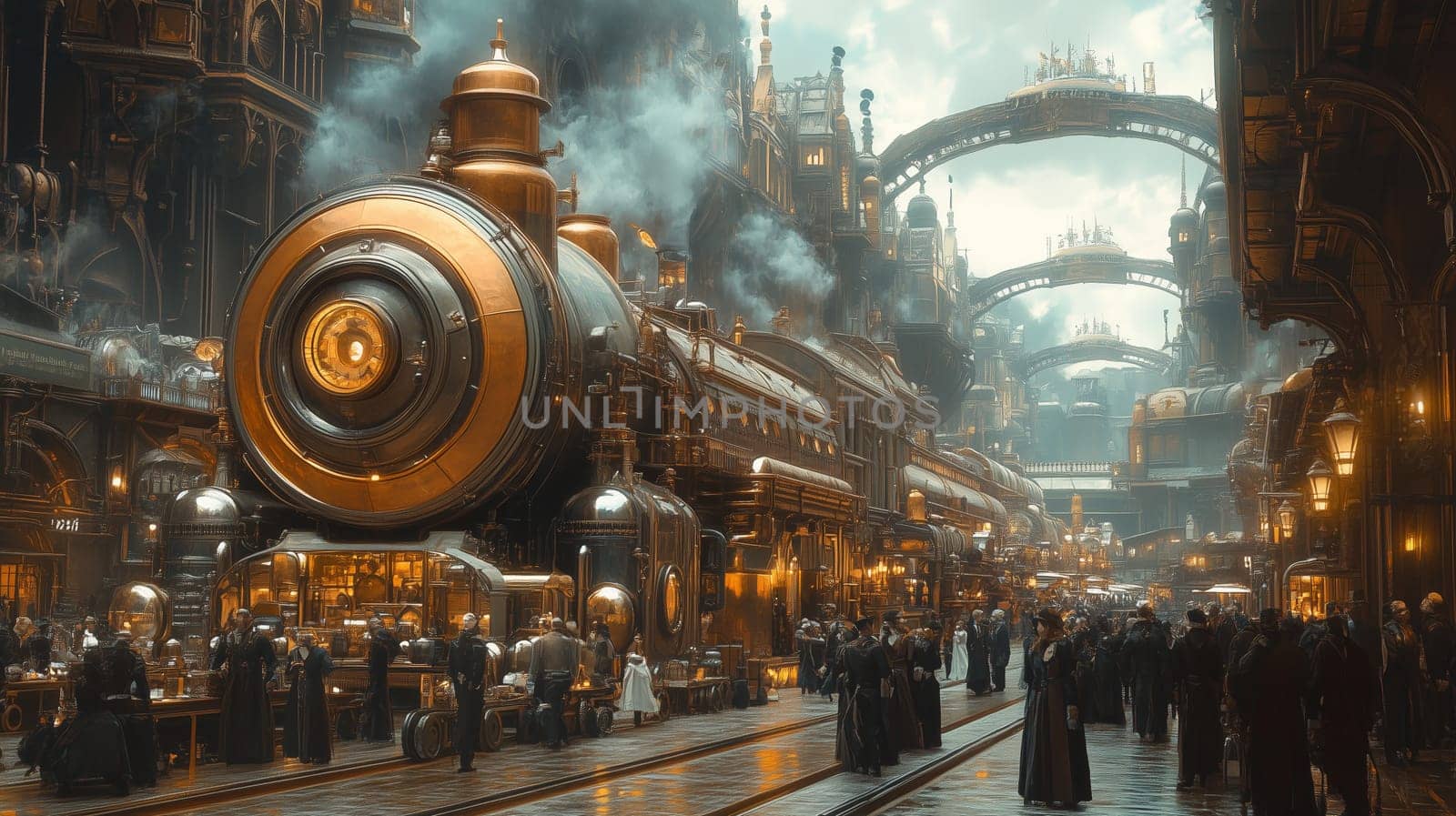 A grand steampunk train station with a massive locomotive, detailed industrial architecture, and people in period-inspired attire creating a lively atmosphere.