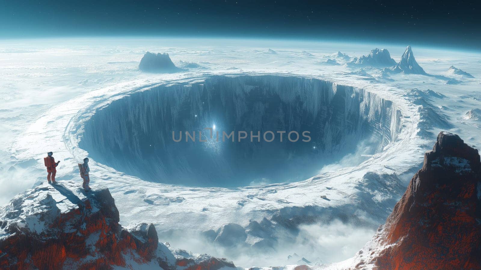A human and robot gaze into a massive icy crater under a serene starry sky.