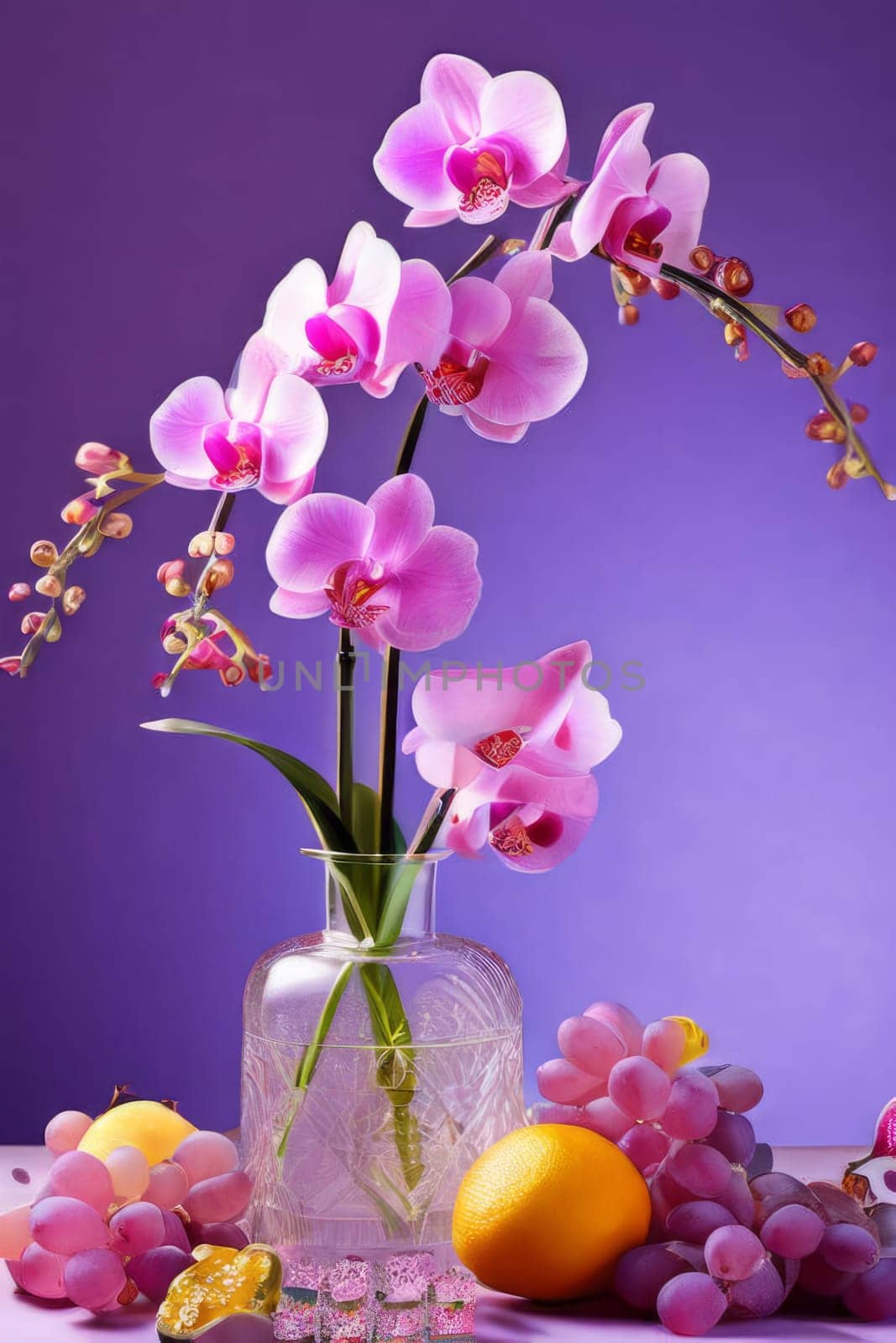 Purple orchid, crystal glass, ice, lemon, and colorful spheres. Modern and fresh design perfect for vibrant, eye-catching promotions
