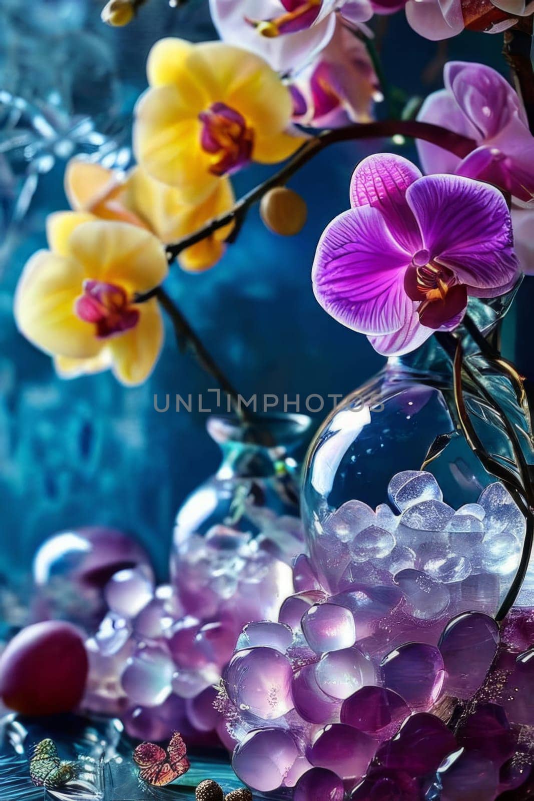 Purple orchid, crystal glass, ice, lemon, and colorful spheres. Modern and fresh design perfect for vibrant, eye-catching promotions