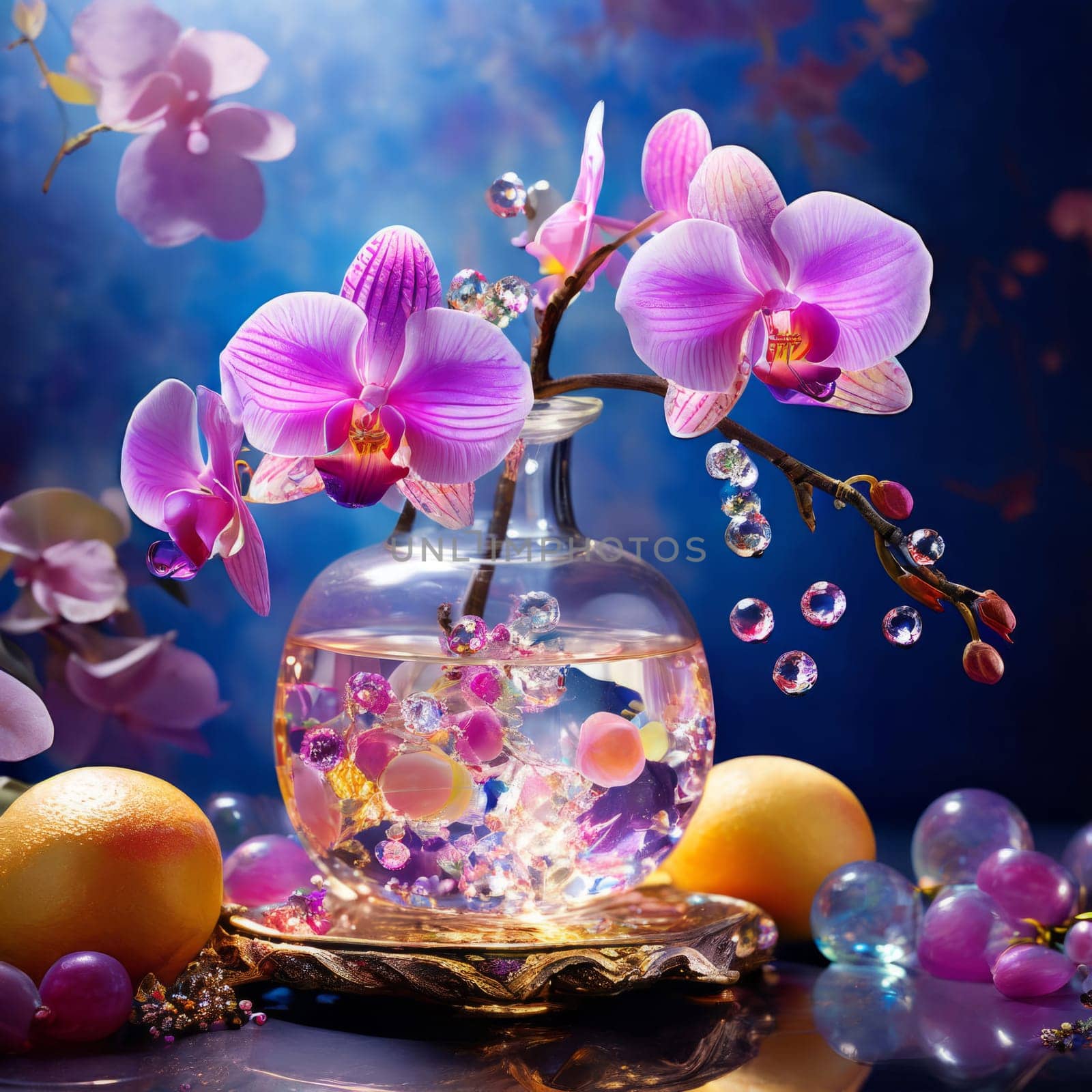 Purple orchid, crystal glass, ice, lemon, and colorful spheres. Modern and fresh design perfect for vibrant, eye-catching promotions