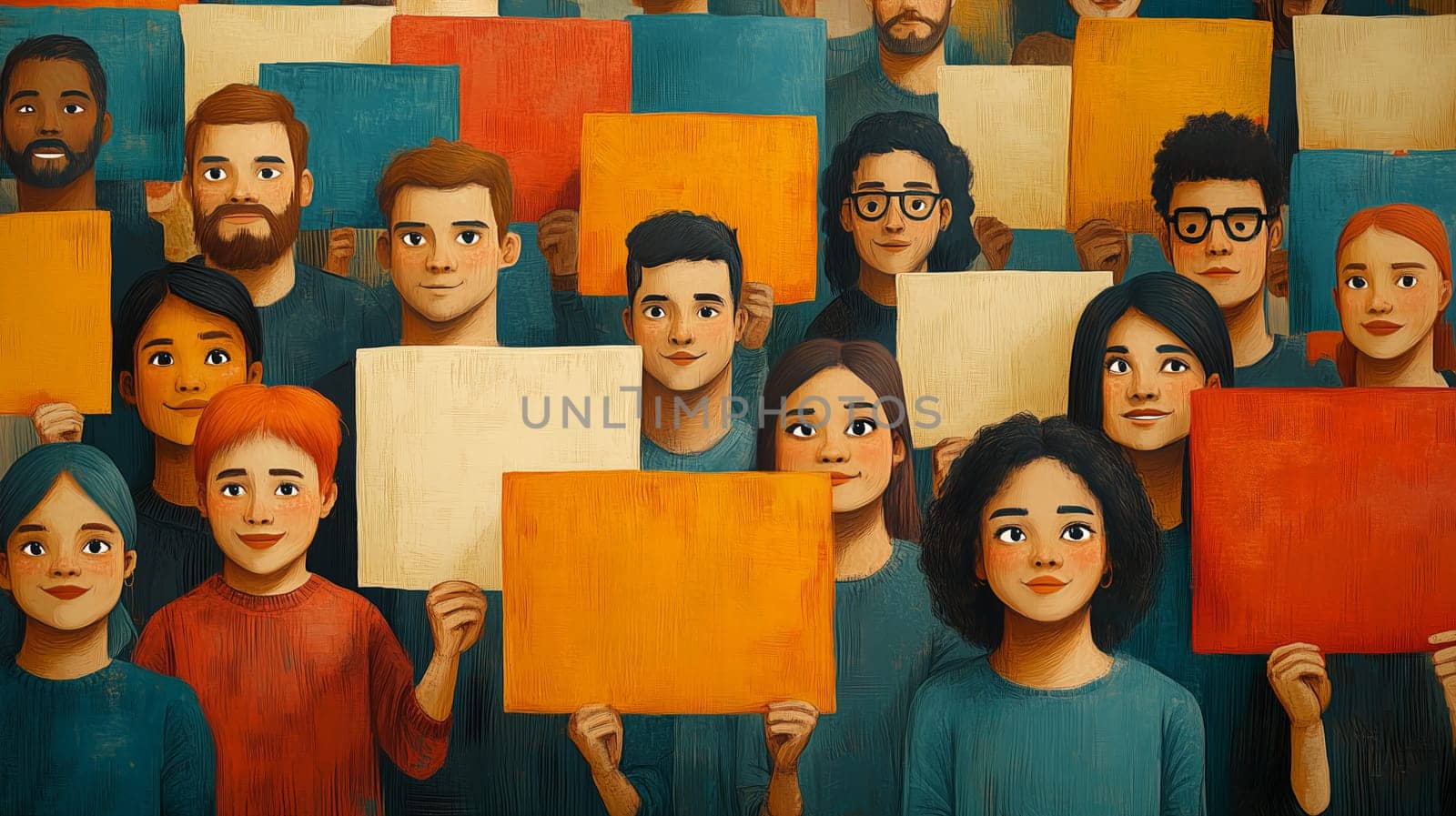 A stylized illustration of a diverse group of people holding vibrant signs, representing unity, diversity, and peaceful activism in a colorful composition.