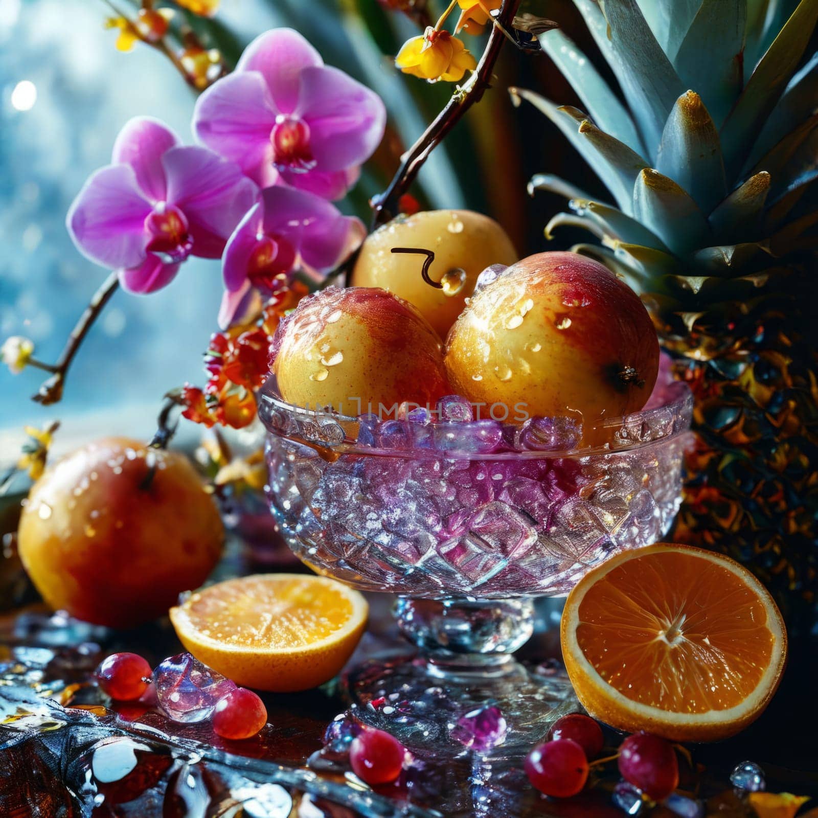 Purple orchid, crystal glass, ice, lemon, and colorful spheres. Modern and fresh design perfect for vibrant, eye-catching promotions