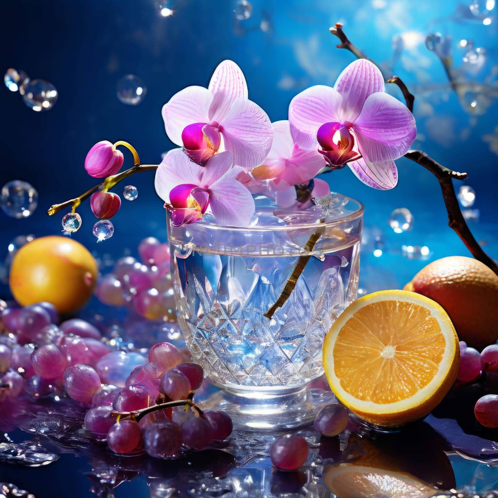 Elegant purple orchid with ice-filled glass, lemon, and vibrant spheres. Ideal for fresh, colorful compositions in beverage, wellness, or floral contexts