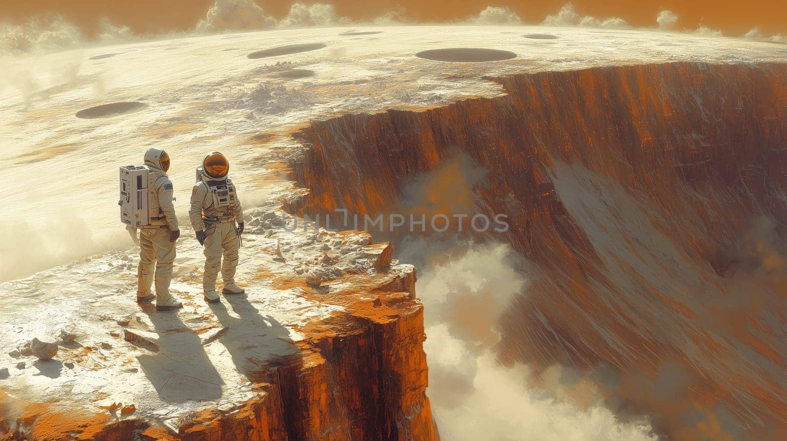 Two astronauts in white suits stand near the edge of a massive crater surrounded by rocky terrain and a surreal, misty alien atmosphere.