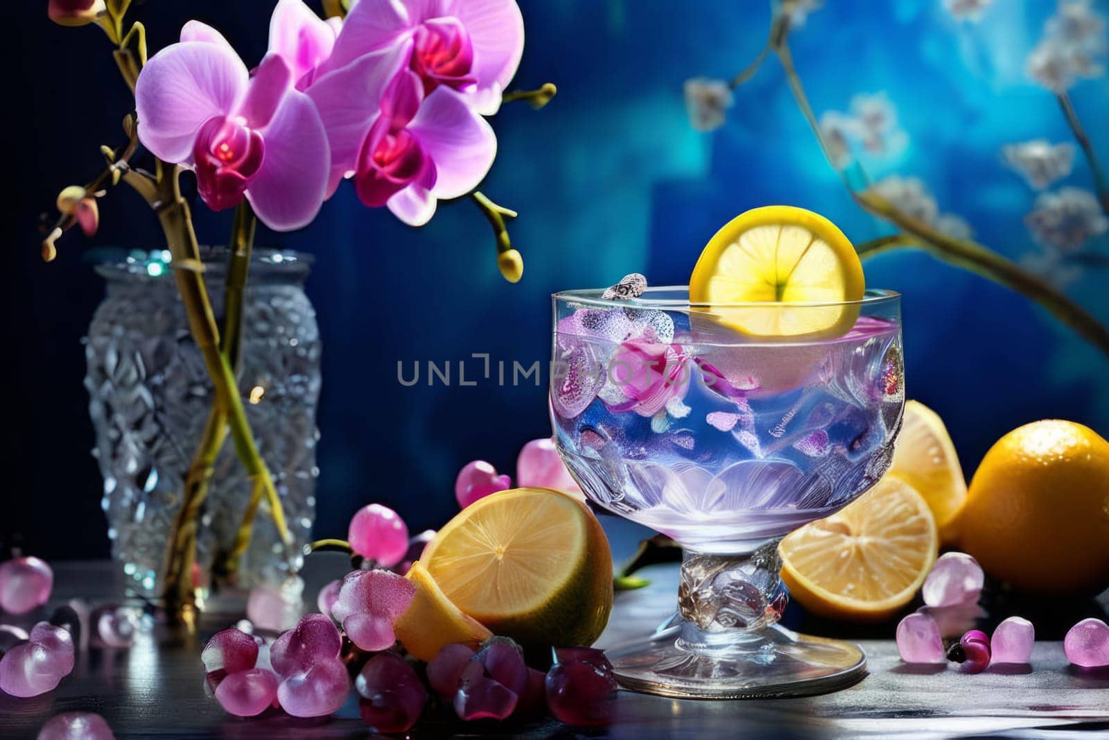 Elegant purple orchid with ice-filled glass, lemon, and vibrant spheres. Ideal for fresh, colorful compositions in beverage, wellness, or floral contexts