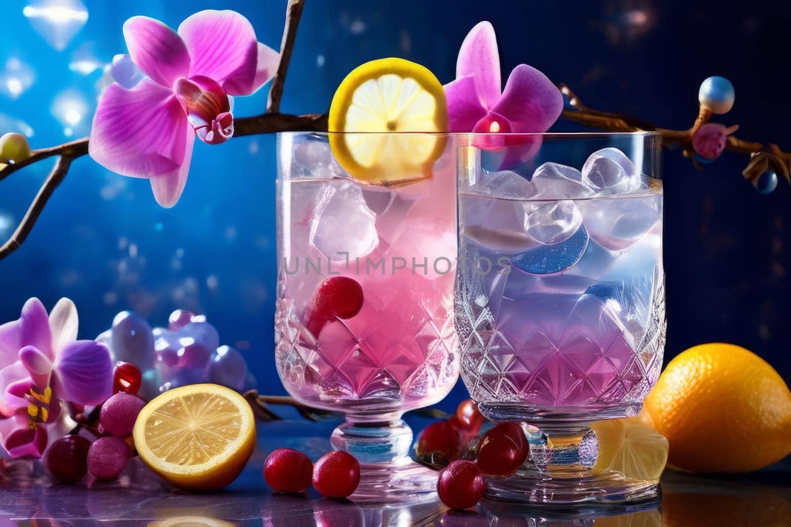 Elegant purple orchid with ice-filled glass, lemon, and vibrant spheres. Ideal for fresh, colorful compositions in beverage, wellness, or floral contexts