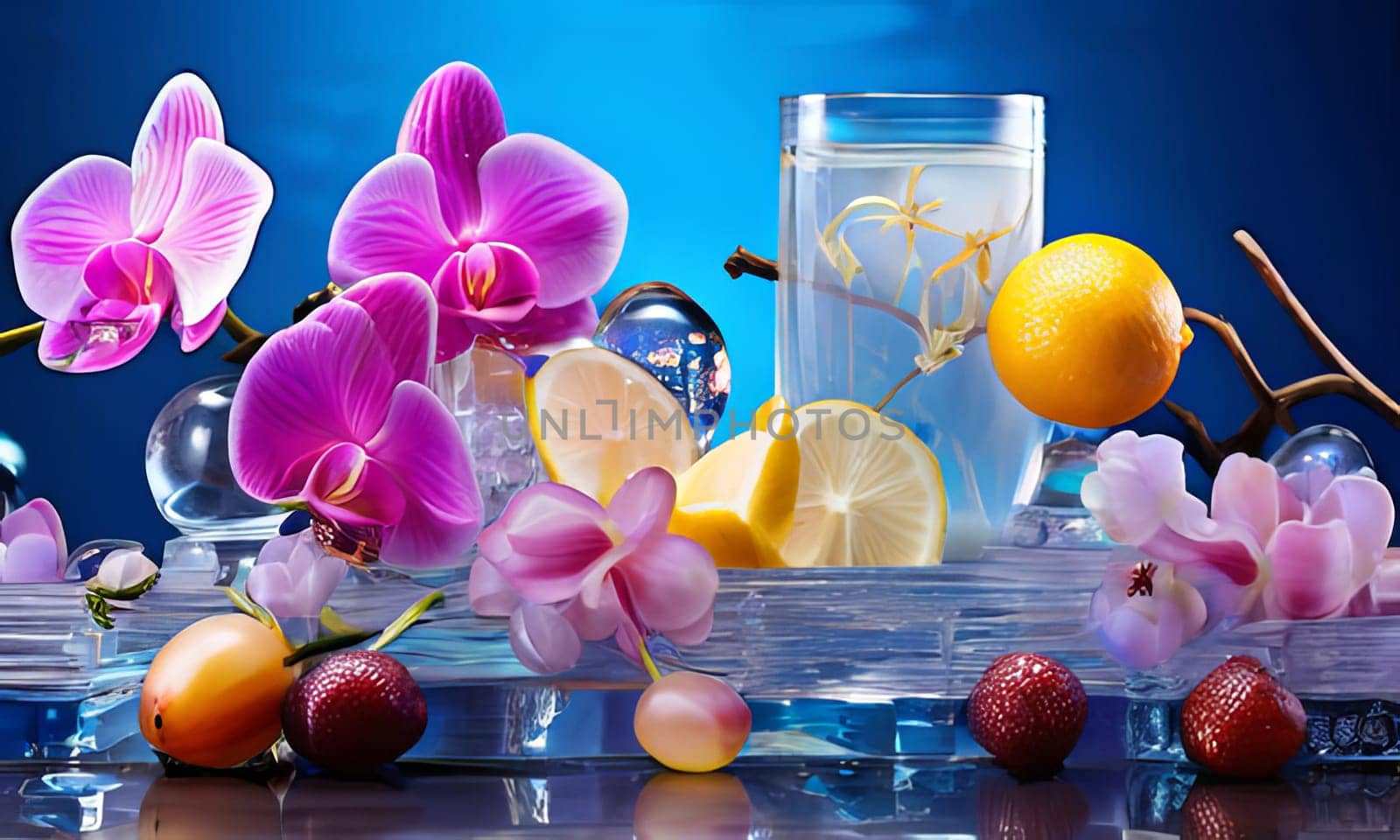 Elegant purple orchid with ice-filled glass, lemon, and vibrant spheres. Ideal for fresh, colorful compositions in beverage, wellness, or floral contexts
