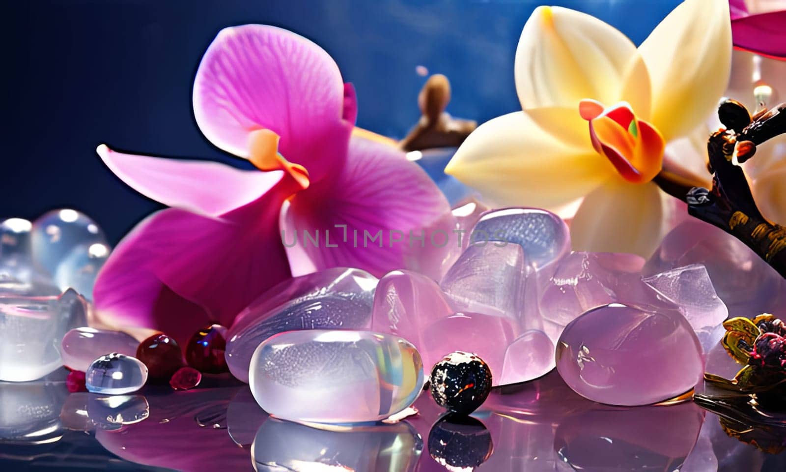 Elegant purple orchid with ice-filled glass, lemon, and vibrant spheres. Ideal for fresh, colorful compositions in beverage, wellness, or floral contexts