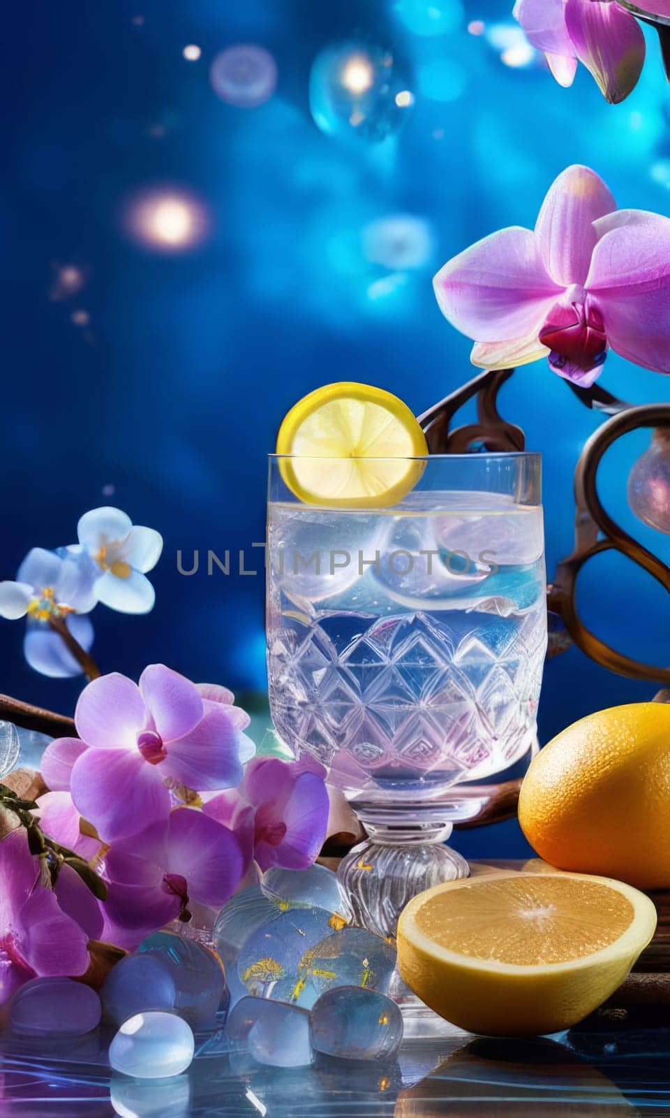 Elegant purple orchid with ice-filled glass, lemon, and vibrant spheres. Ideal for fresh, colorful compositions in beverage, wellness, or floral contexts