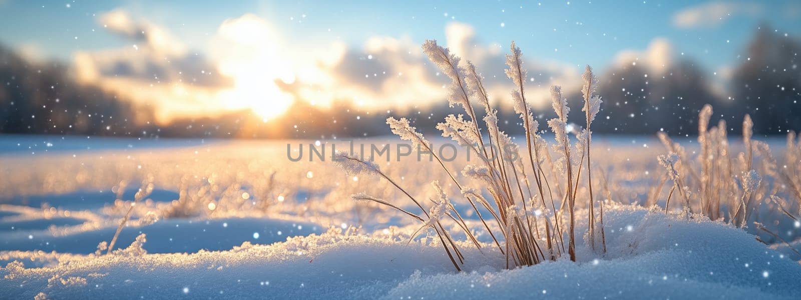 A detailed image of frosted grass blades in a snowy field, sparkling under golden sunlight. The scene captures the delicate beauty of winter nature.