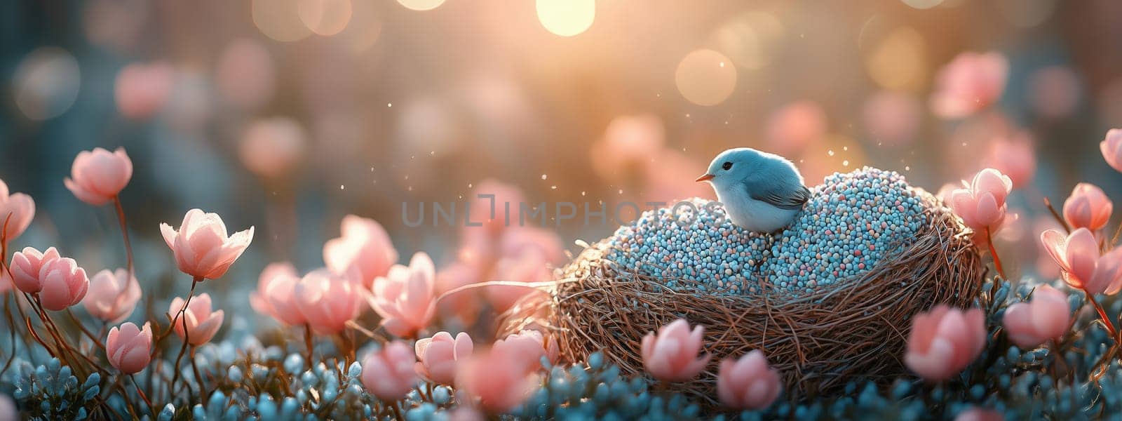 A serene scene of a delicate bird perched on a nest surrounded by blooming pink flowers under soft golden sunlight. Concept of Easter