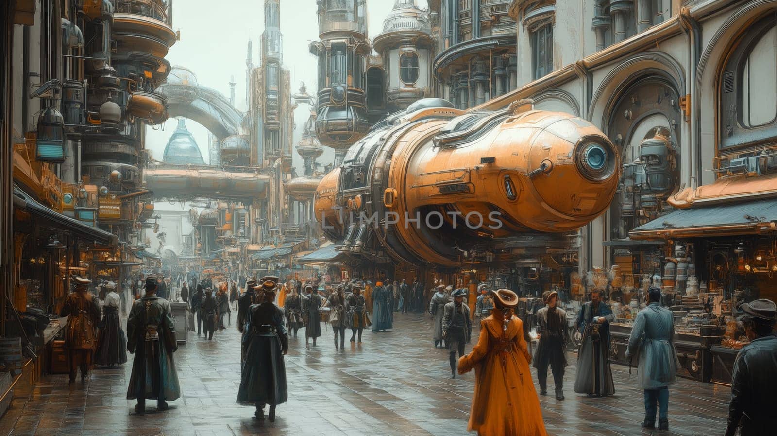 A lively steampunk city street featuring a gigantic airship, intricate industrial architecture, and people in period-inspired clothing.
