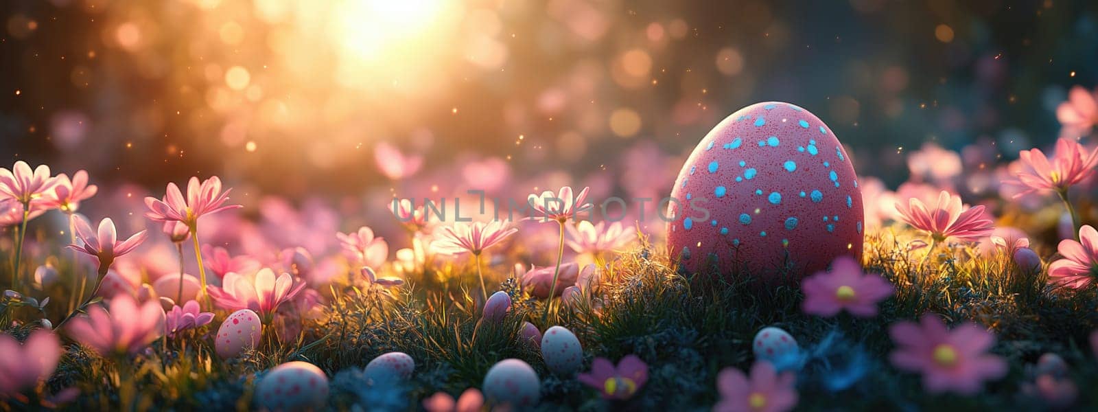 A beautifully decorated Easter egg nestled in a field of daisies under the warm glow of sunset, symbolizing Easter celebration.