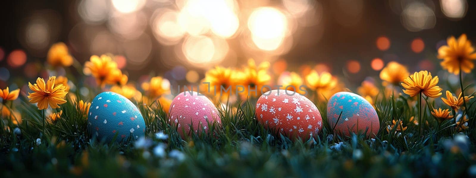 Vibrant Easter eggs resting in a meadow of yellow flowers during golden hour, celebrating spring and Easter traditions.