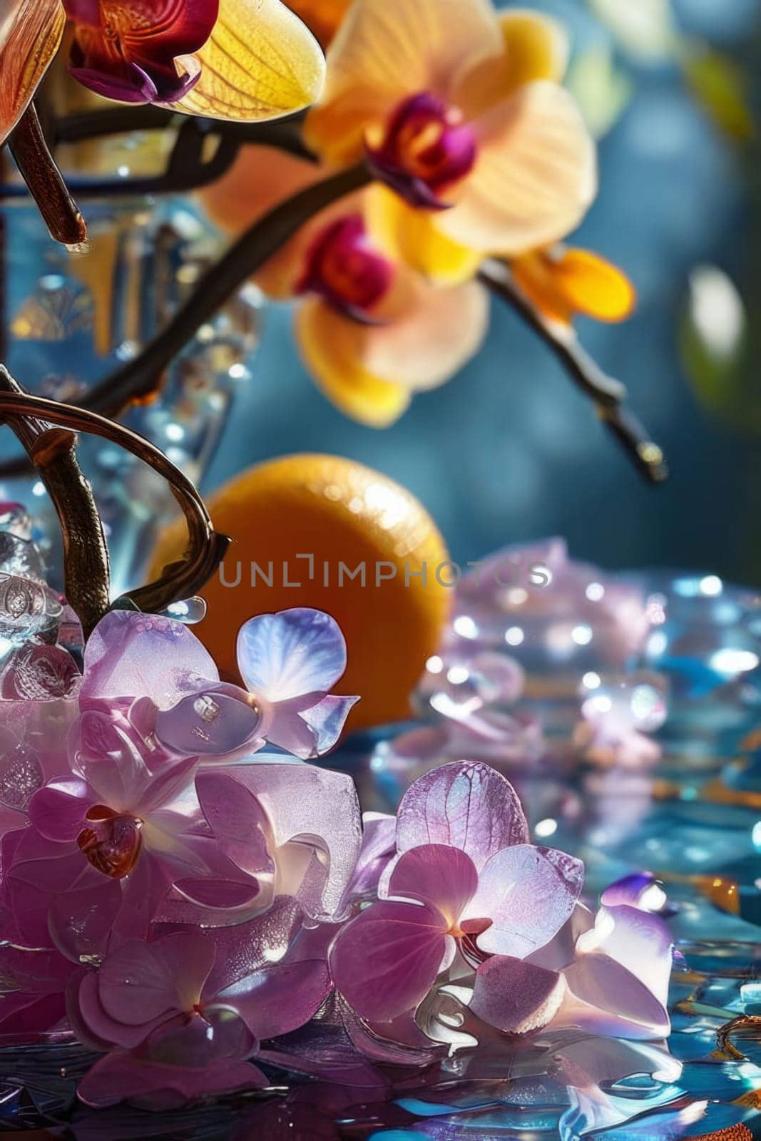 Beautiful purple orchid, ice-filled glass, lemon, and colorful spheres. Bright, modern aesthetic perfect for floral, wellness, or beverage themes