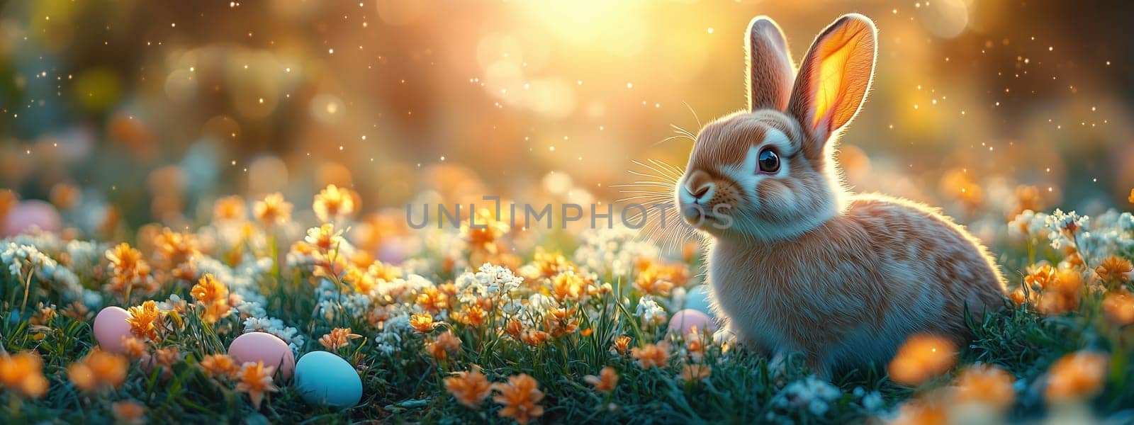 A cute rabbit sitting amidst a vibrant field of flowers with Easter eggs scattered around, glowing under a golden sunset.