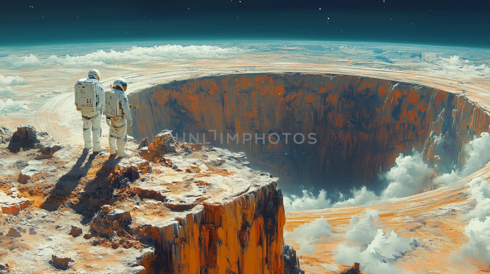 Two astronauts in spacesuits stand near the edge of a colossal alien crater, surrounded by rocky terrain and a surreal atmospheric horizon.