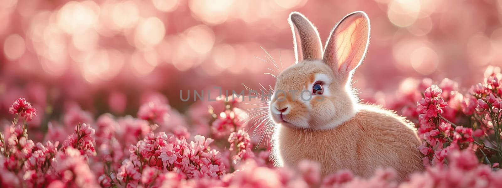 A charming bunny sitting amidst a field of pink blossoms, capturing the essence of Easter and spring celebration.