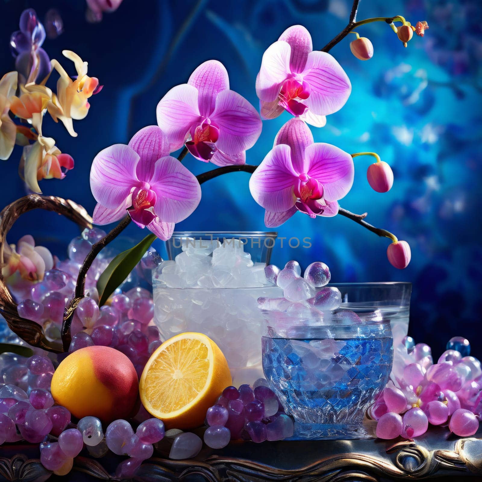 Beautiful purple orchid, ice-filled glass, lemon, and colorful spheres. Bright, modern aesthetic perfect for floral, wellness, or beverage themes