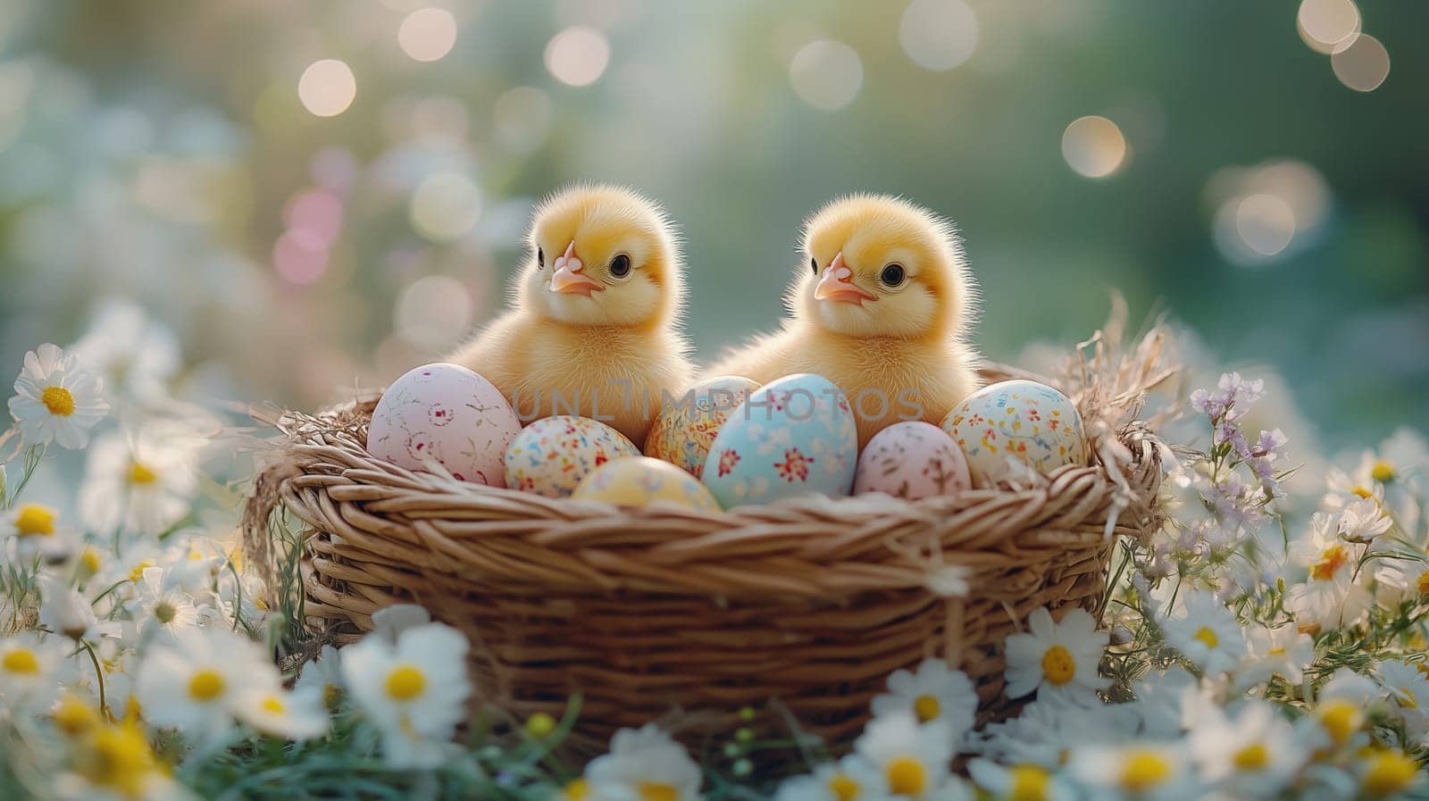 Two adorable baby chicks sitting in a wicker basket filled with brightly decorated Easter eggs and surrounded by daisies, set in a bright outdoor scene.