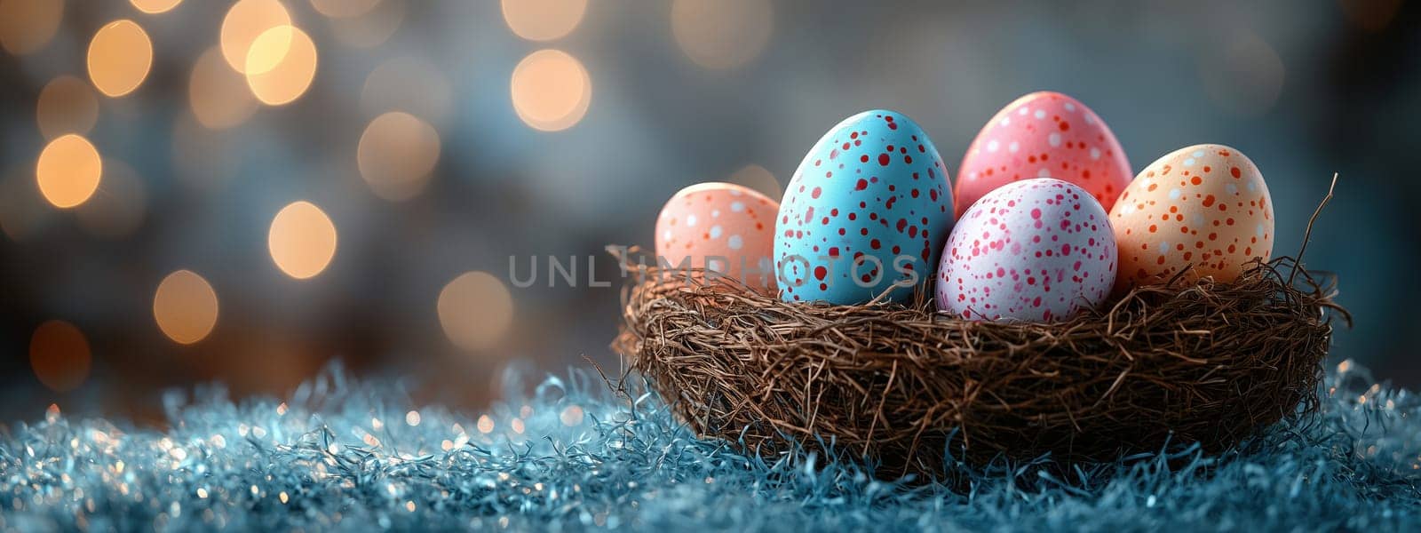 A rustic nest containing brightly speckled Easter eggs displayed against a blue-toned background with soft, festive lighting.