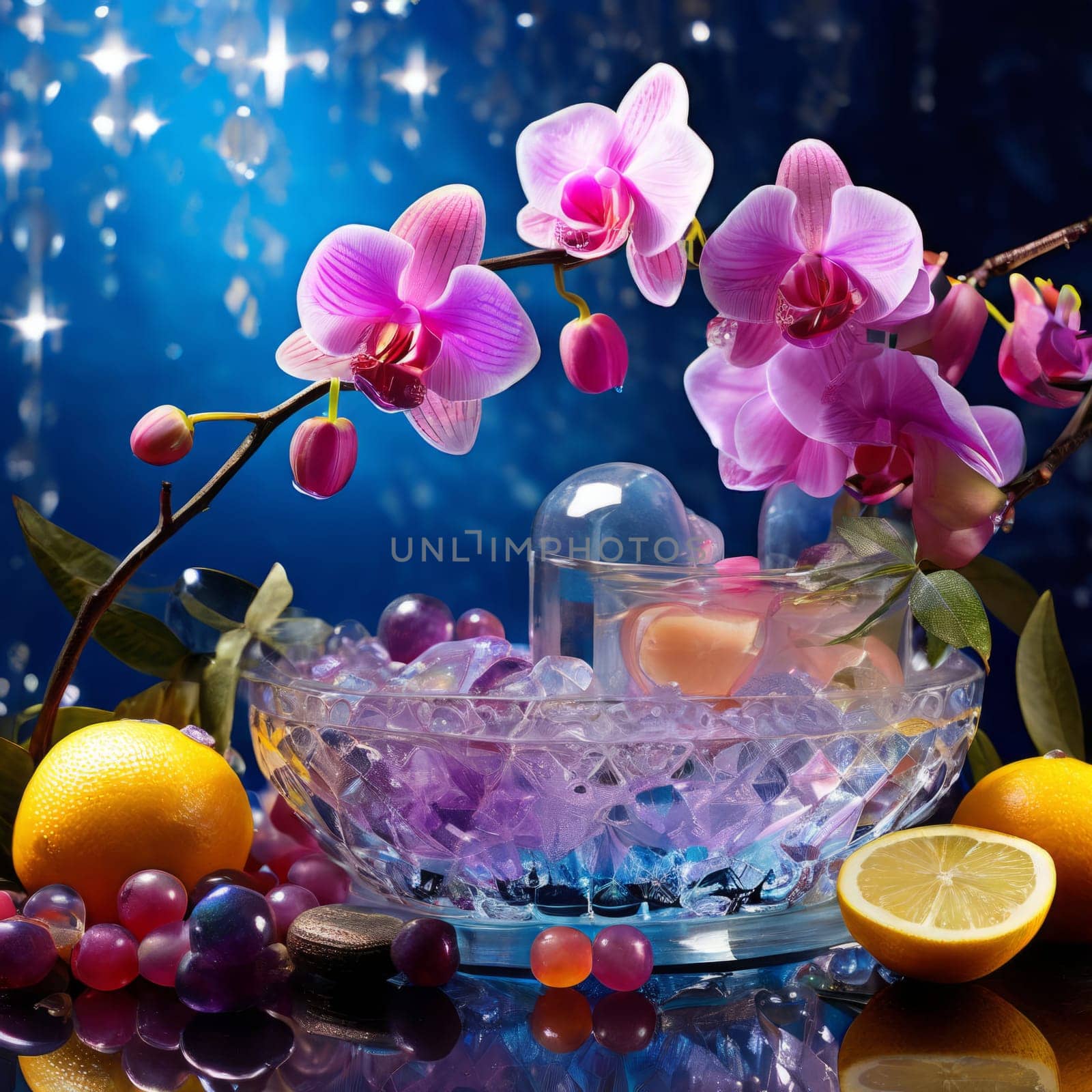 Beautiful purple orchid, ice-filled glass, lemon, and colorful spheres. Bright, modern aesthetic perfect for floral, wellness, or beverage themes