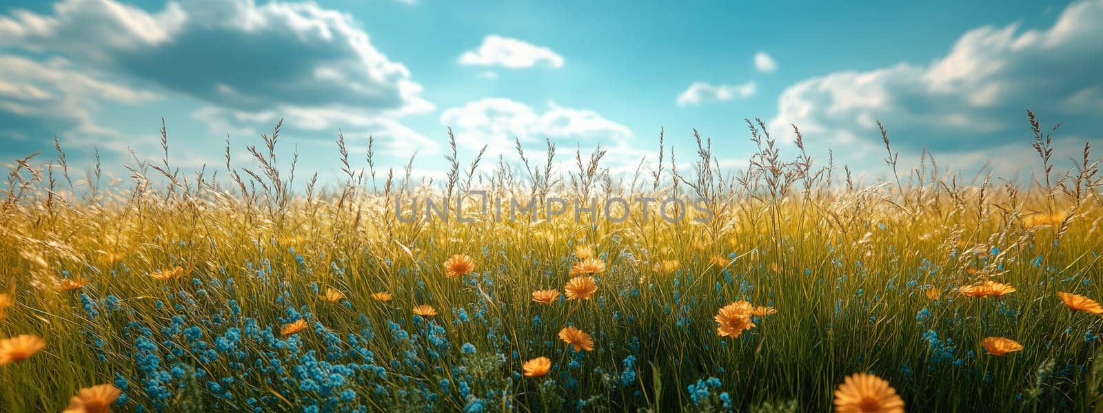 A picturesque wildflower meadow with golden and blue blossoms swaying under a bright, cloud-filled sky.