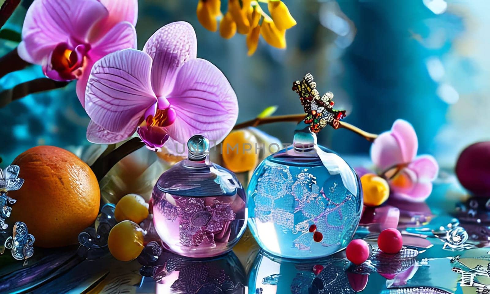 Vibrant composition featuring purple orchid, glass with ice cubes, yellow lemon, colorful spheres. Modern, fresh aesthetic ideal for beverage, wellness, floral themes. Bright, enticing colors